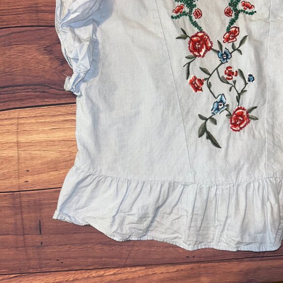ZARA Embroidered Floral Ruffle Blouse - Light Blue Cotton - XS - Picture 6 of 10